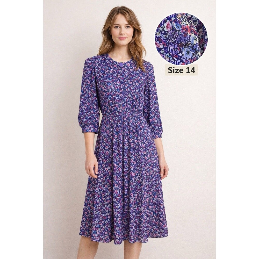 Vintage 80s 90s Floral Midi Dress Purple Cottagecore Size 10-12 Ditsy Romantic